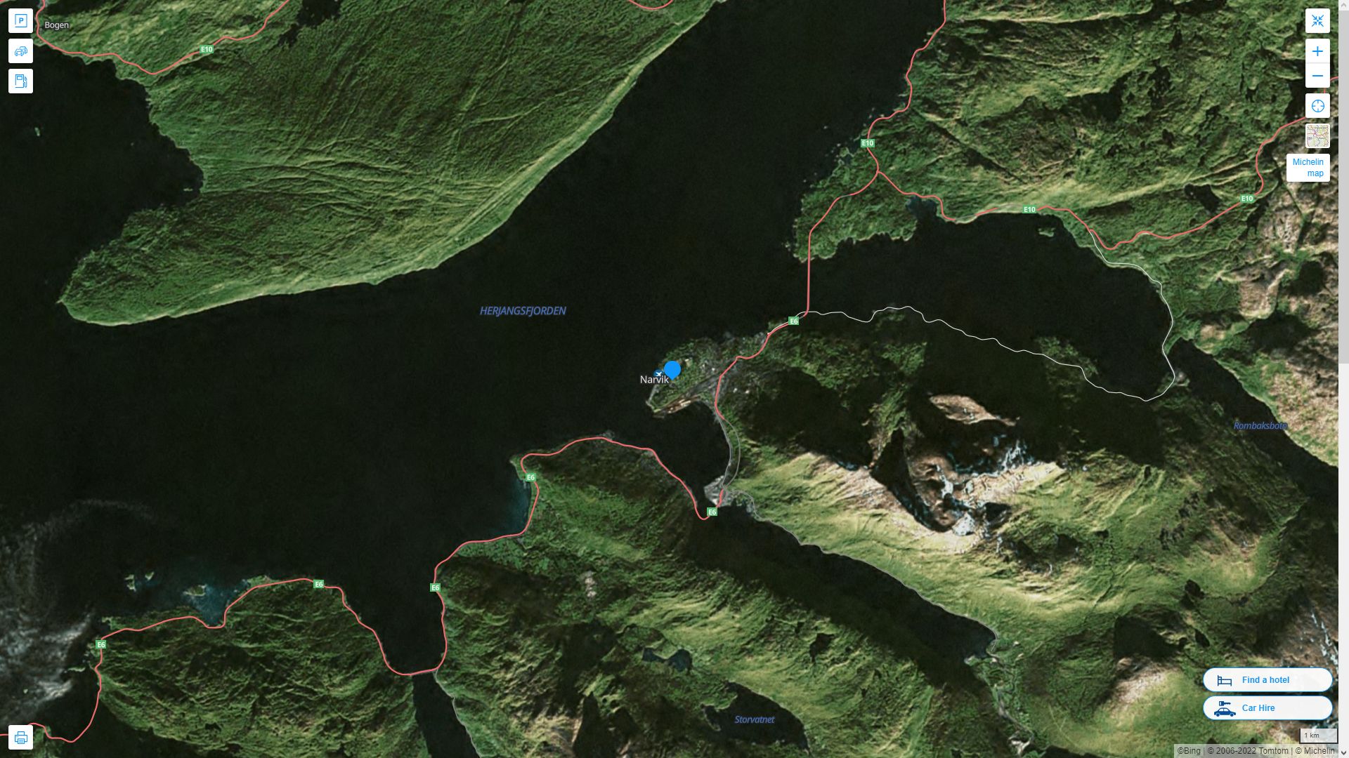 Narvik Highway and Road Map with Satellite View